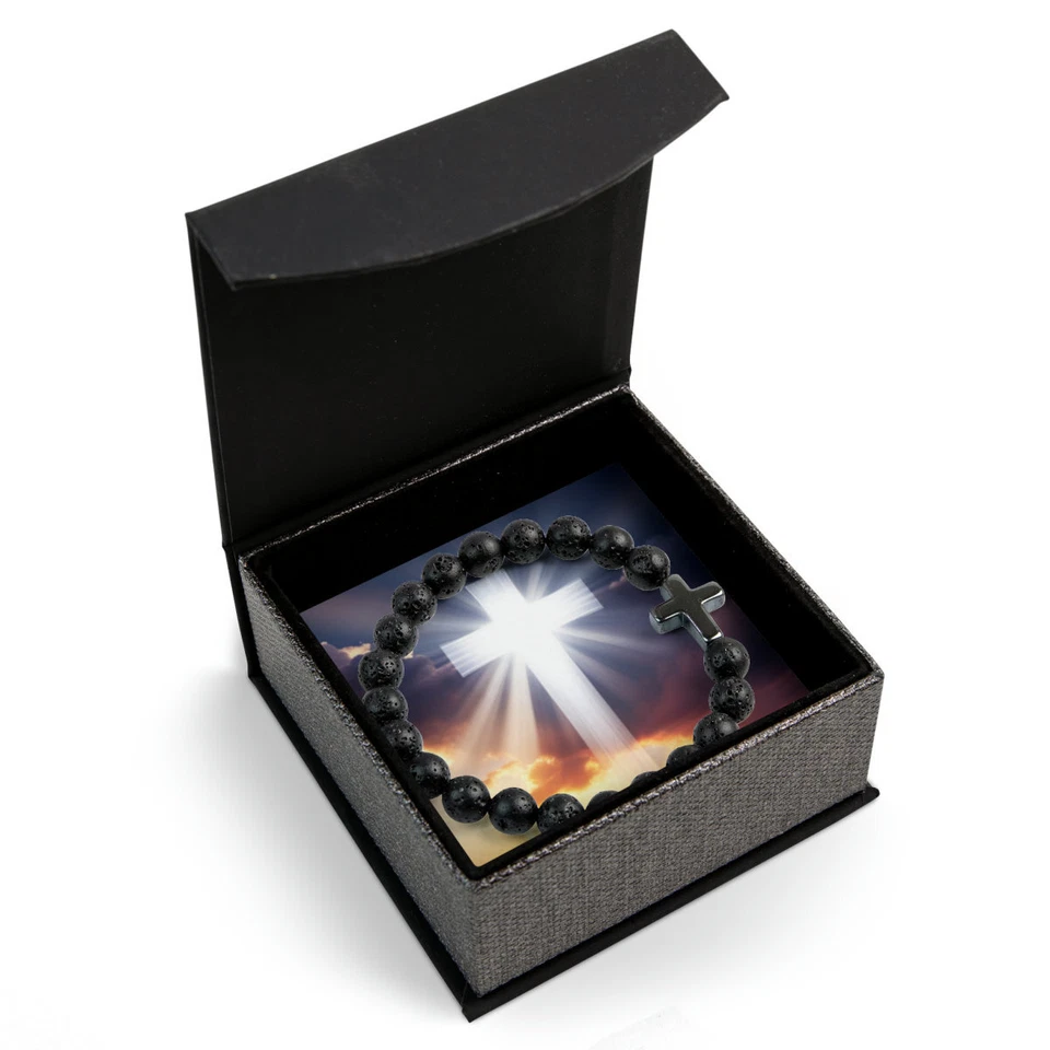 Pulsera Cruz Piedra Volcánica con LED, Magnética o Cuero Marrón Caja Regalo Foto 3 de 4