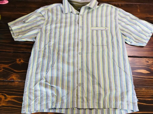 REI Shirt Men's Size XL White Yellow Blue Tan Striped Button Up Short Sleeve