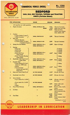 BEDFORD SAO, SLO & SSO DIESEL LKW KIPPER SATTELZUGMASCHINE SHELL SCHMIERTABELLE