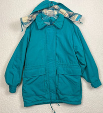 Woolrich Jacket Womens Medium Coat Flannel Wool Lined Hooded Winter Teal VTG USA