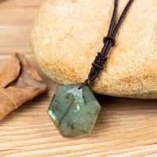 Natural Labradorite Hexagon Crystal Pendant Necklace for Protection Connection