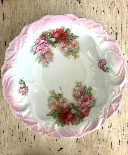 Vintage Large Germany Bowl 10.5" Wide Floral Blossom White Pink Accent Embossed