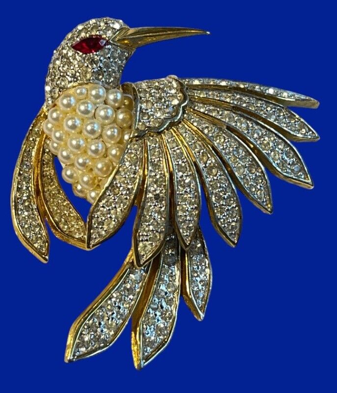 Vintage Jomaz Mazer Bird Brooch Pin w Pearl &  Rh… - image 6