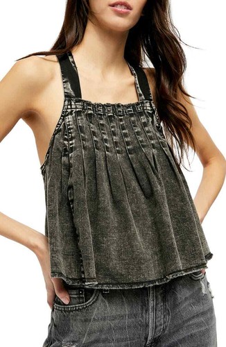 Free People Tank Top Women's Size S  Black Denim Pleated Raw Hem Marina Loose - Picture 1 of 10