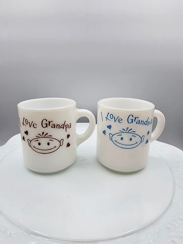 Vintage Milk Glass I Love Grandma Grandpa Coffee Tea Cocoa Mugs Cups Lot Of 2