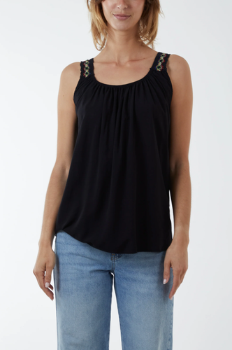 New Women Blue Beaded Ruffle Neck Strappy Tank Top.More Colours,One Size(8-16) - Picture 10 of 15