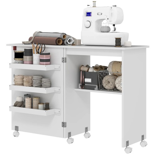 Folding Sewing Table Drop Leaf Craft Desk Storage Bins Open Shelf Wheels White - Picture 11 of 11