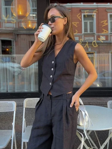 Women's Linen Cotton Vest and Pants Fashionable Summer Two-piece Set - Picture 5 of 25