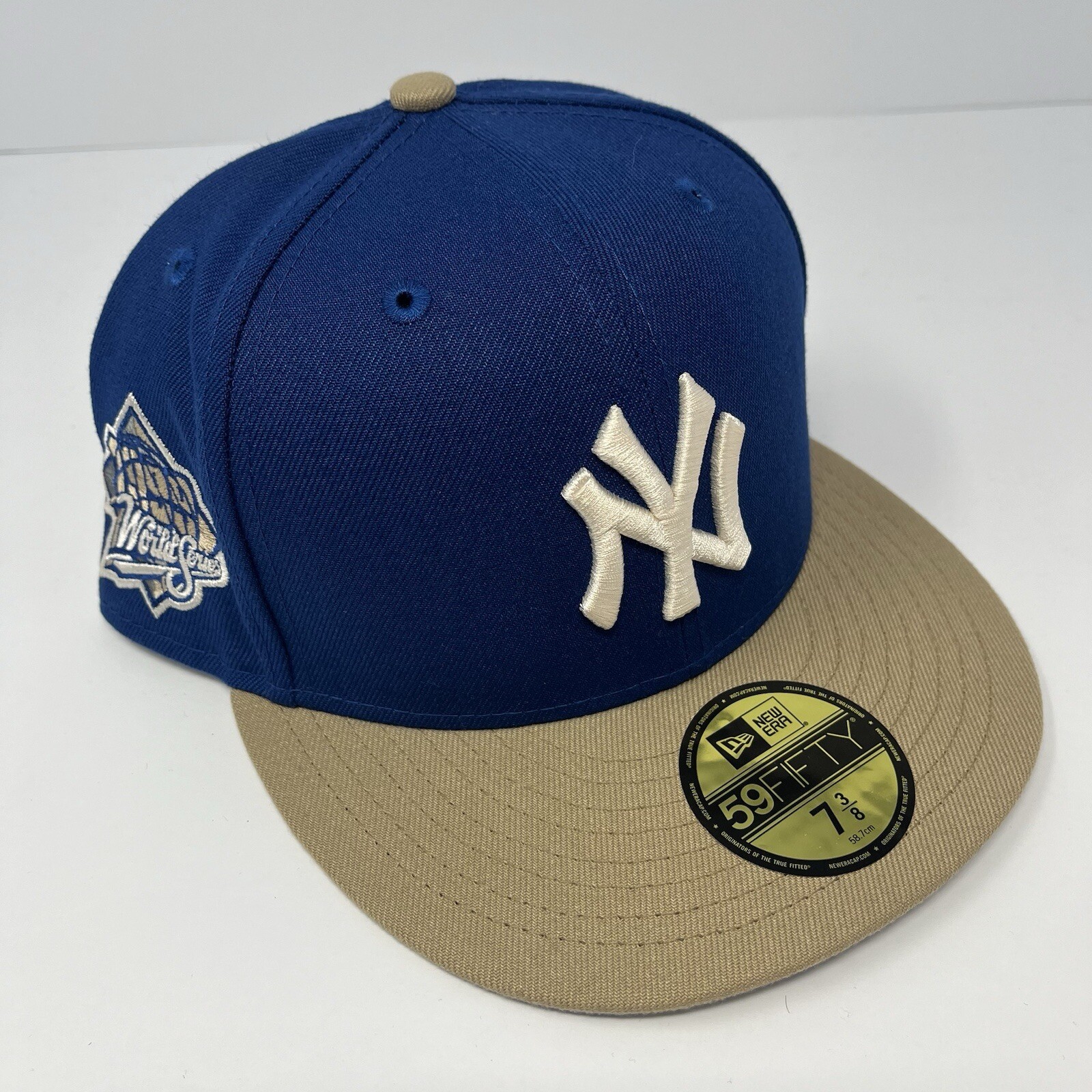 New Era 59FIFTY MLB New York Yankees Fitted Hat Cap Mens Size 7 3/8 Beige Blue