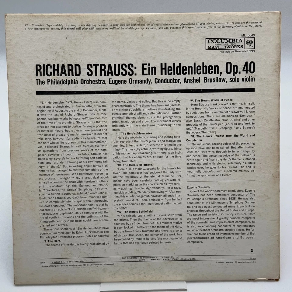Richard Strauss: A Hero's Life Vinyl LP 1961 Columbia Masterworks MS 6249 Foto 2 de 4