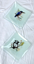 Kingfisher Crested Tit Frosted Coloured Curved Glass Dish Plate x 2 11 cm Square