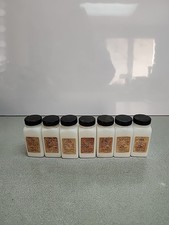Set of 7 Vintage Griffiths White Milk Glass Spice Jars With Black Lids