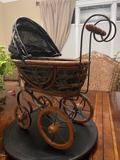    Antique Baby Doll Carriage Buggy Pram Victorian Style Wicker Metal Wheels