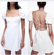 Zara Women  s White Solid Mini Dress M Puff Short Sleeve Square Neck Open Back