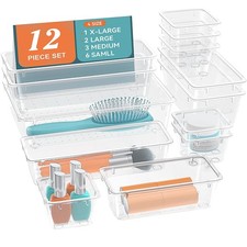 12 PCS Drawer Organizer Set, 4 Sizes Tool Storage Trays, Clear Plastic Makeup...