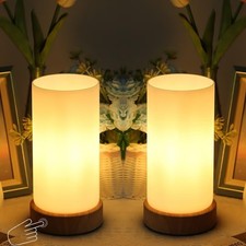 Touch Control Table Lamp with Wooden Base Milky Glass Shade 3-Level Dimmable 2pc