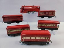 Juego de 5 vagones de tren Marx Red Commodore Wind-Up NY Tender y 4 Pullman Red Tin