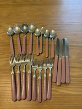 Reed&Barton Stainless Flatware Set Pink handles 4 Five Piece Place Settings