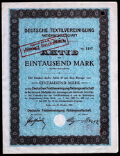 1920 Deutsche Textilvereingung M1000 Stock Hyperinflation & Nazism Victim VF+