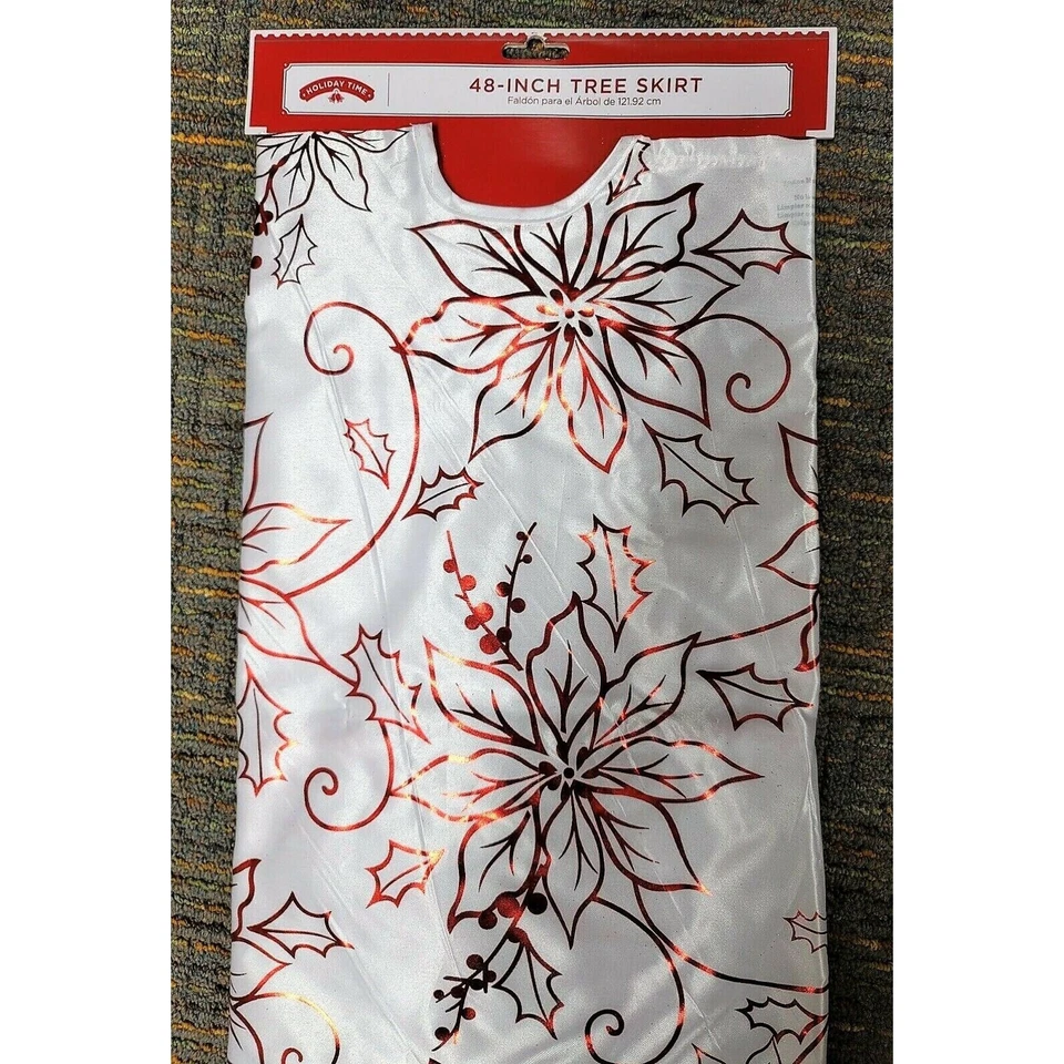 Holiday Time 48" Blanco Lámina Poinsettia Rojo Cuerda Borde Árbol de Navidad Falda Nueva Foto 3 de 3