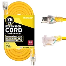75 Ft Lighted Outdoor Extension Cord - 10/3 Yellow 10 Gauge Cable -3 Prong Plug