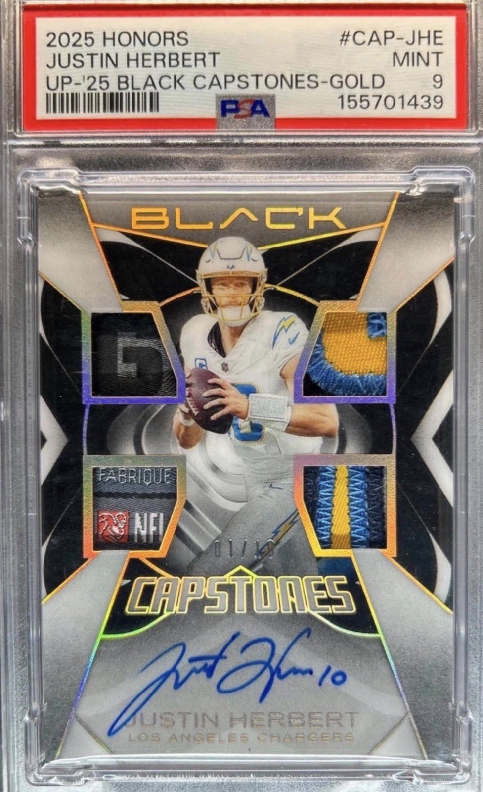 Panini 2025 Honors Justin Herbert Capstones Black Gold Patch Auto /25 PSA 9