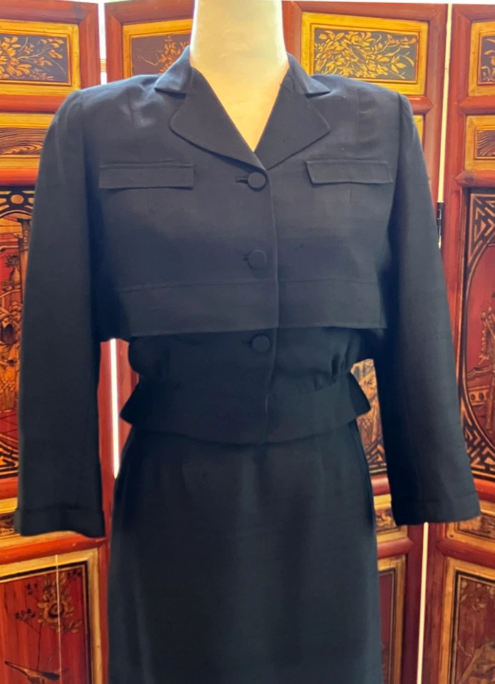 1950s Harzfelds Ladies Vintage Gray-Black Silk Jacket & Skirt Suit Blouson Style - Image 3 of 4