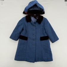 Vtg Rothschild Girls Blue Wool Houndstooth Pea Coat Velvet Trim With Hat Size 4