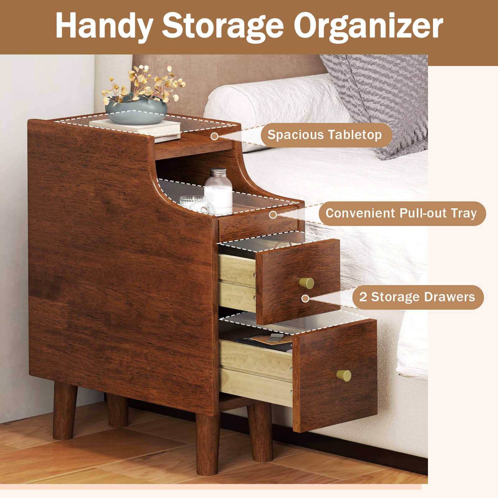 Solid Wood End Table with Pull-out Tray & 2 Storage Drawers Cable Management