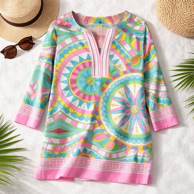 Amelia Quin Resort Luxury Wear Cotton Dress 3/4 Sleeve Casual Pink Blue White XL