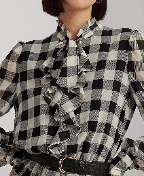 NWT Lauren Ralph LaurenWomen's Buffalo Check Ruffled Georgette Dress - Image 2 of 4