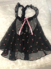Victoria's Secret Black W/Pink Roses Sheer Mesh Babydoll Ruffle Lingerie Sz M
