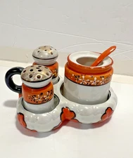 MINI LUSTERWARE CONDIMENT SET Japan salt and and pepper shaker, sugar and spoon