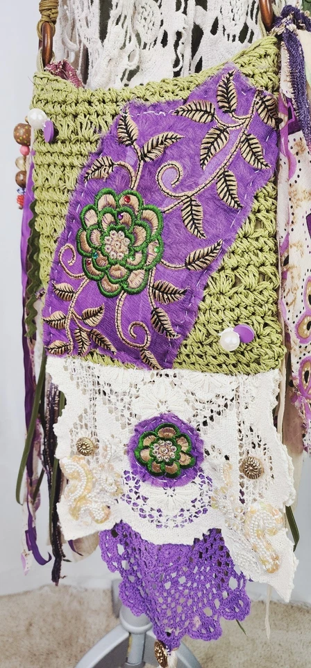 Bolso de Hombro Boho, Bolso Gypsy Free Spirit, Bolso de Trapo de Ganchillo Reutilizado Foto 3 de 4