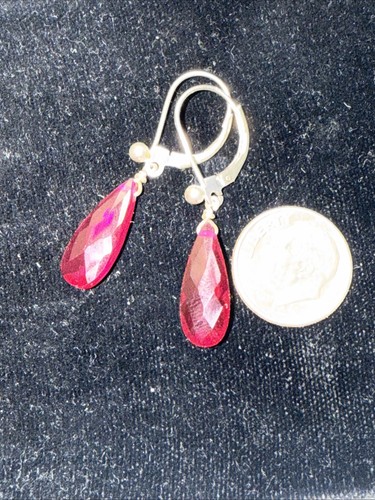 Earrings Pierced Real Ruby Briolette Sterling Lever backs Hanging Lab Created - Picture 2 of 14
