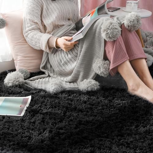 Ophanie Upgrade 4x6 Rugs for Bedroom, Black, Fluffy Shaggy Soft Area Rug, Non  - Picture 6 of 6
