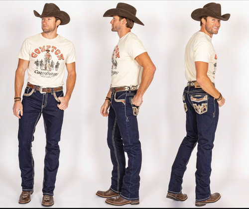 Mens Western Blue Embellished Flex Stretch Denim Dark Western Blue Jeans