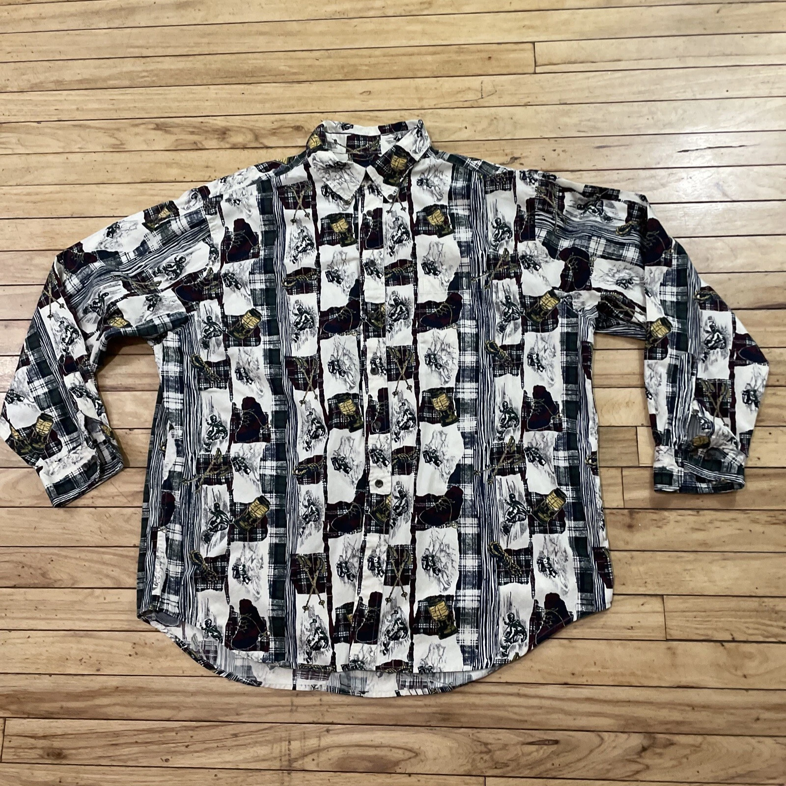 ROUNDTREE & YORK Shirt Men XL Camping Gear Graphic Print Lantern Boots Poles AOP