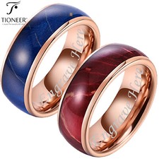 Tungsten Carbide Blue/Red Cured Wood Design Rose Gold Ring: 8MM FREE Engraving