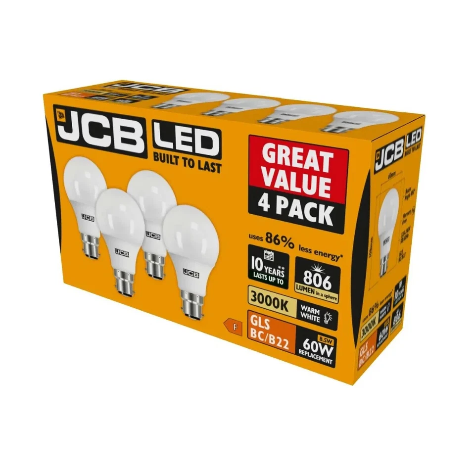 Jcb LED Gls B22 (BC) 806lm 8.5W 3,000K (Warm White), Pack of 4, S15143