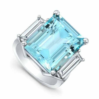 4ct Emerald Aquamarine Lab-Created Moissanite Trilogy Ring 14k White Gold Plated