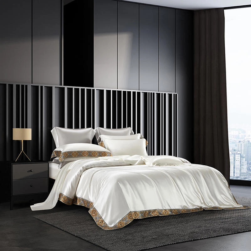 Juego de cama de lujo real 100 seda morera 4 piezas funda de edredón sábana plana Charmeuse Foto 3 de 4