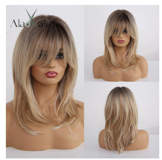 Pelucas Sintéticas con Flequillo para Mujer, Tupé de Cabello Recto en Capas LC24