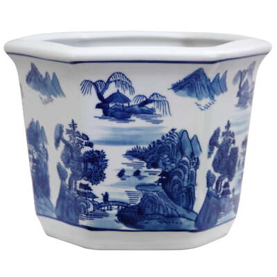 Oriental Furniture Planters 9'' x 10'' x 7.5'' Round Blue/White Porcelain Plant Pot