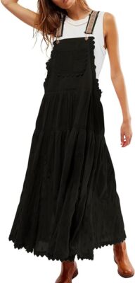 Women's Laced Embroidered Tulle Bib Dress Casual Loose Adjustable Straps Maxi
