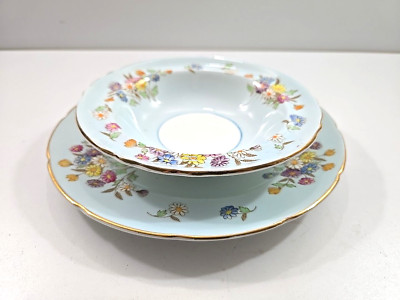 E B Foley Bowl & Plate Set Wildflower Blue Trim England Vintage 2pc