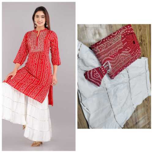 Red Cotton Straight Kurta with Flared Sharara Designer Party Kurtis Palazzo Set - Picture 1 of 2