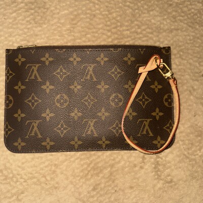 Louis Vuitton Neverfull Pochette Mm Monogram Wristlet With Beige Bag Pouch New