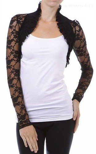 Fashion Secrets Women`s Long Sleeves Lace Bolero Shrug Cropped Cardigan Jacket - Picture 12 of 27
