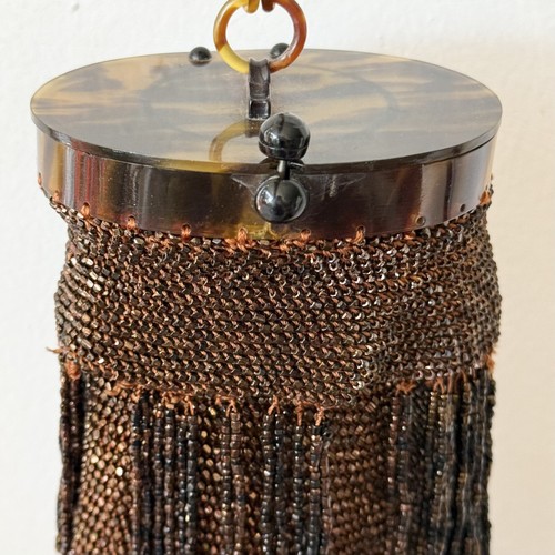VTG 1920’s-30’s Art Deco Beaded Fringe Flapper Hand Bag Acrylic Handle Mirror - Picture 9 of 24
